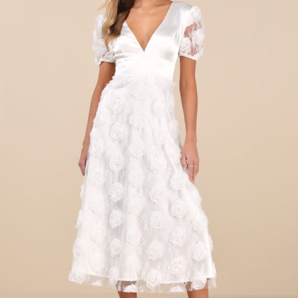 Lulus Gorgeous Elevation White Lace Rosette Puff Sleeve Midi Dress - Size XS